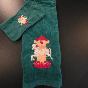 Vintage Christmas Carousel Horse Bath Towel & Washcloth Set Green Made in USA